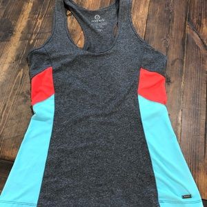 Gray exercise top with blue & red accent
